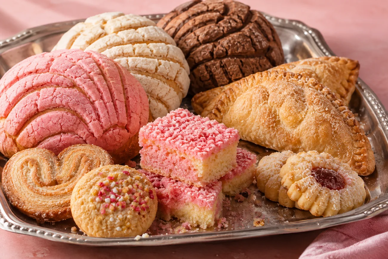 Illustrative assortment of Mexican conchas, empanadas, pink cake, and cookies on a bakery tray